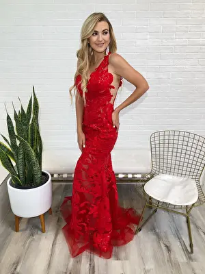 Jovani red sleeveless sheer sequin prom gown